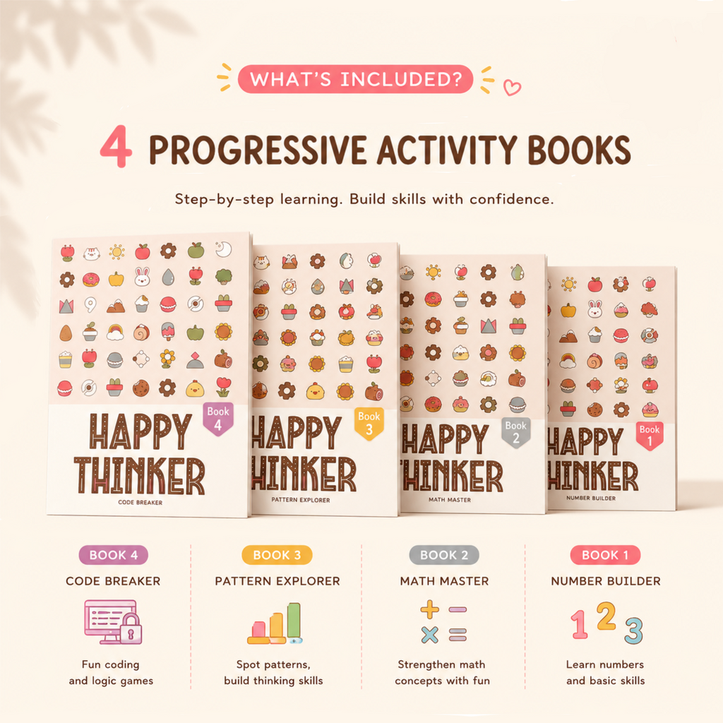 Happy thinker activity books for addition, subtraction, multiplication, division, patterns and coding.