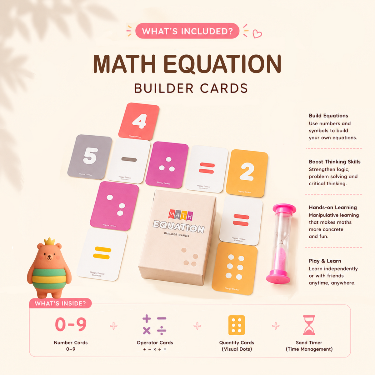 Happy Thinker math equation builder cards use numbers and symbols to build equations and hands-on practice math.