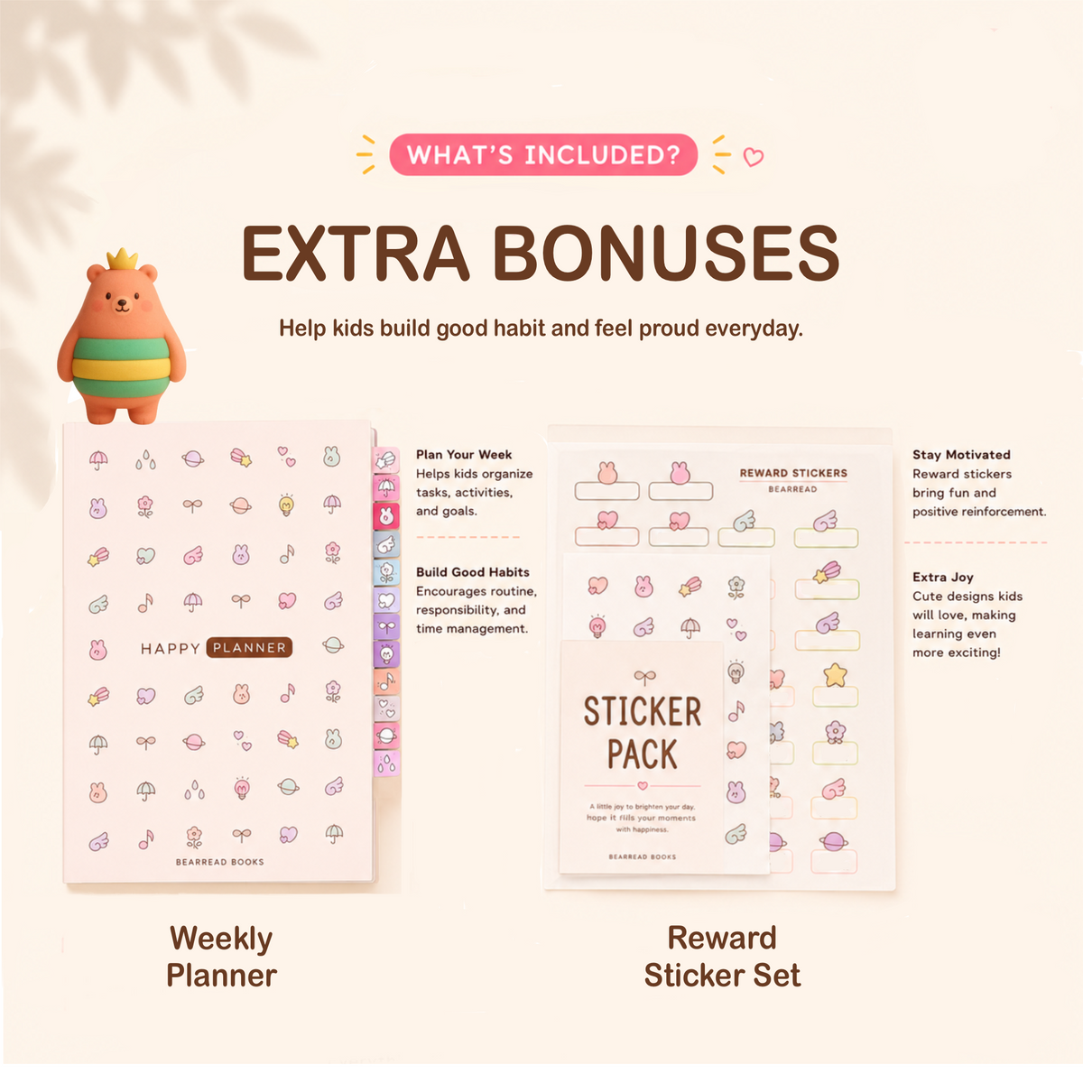 Happy Thinker extra bonuses mini weekly planner for kids organize weekly tasks and activities and reward stickers.