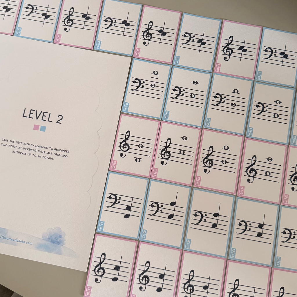A set of music learning cards with musical notes and clefs. 