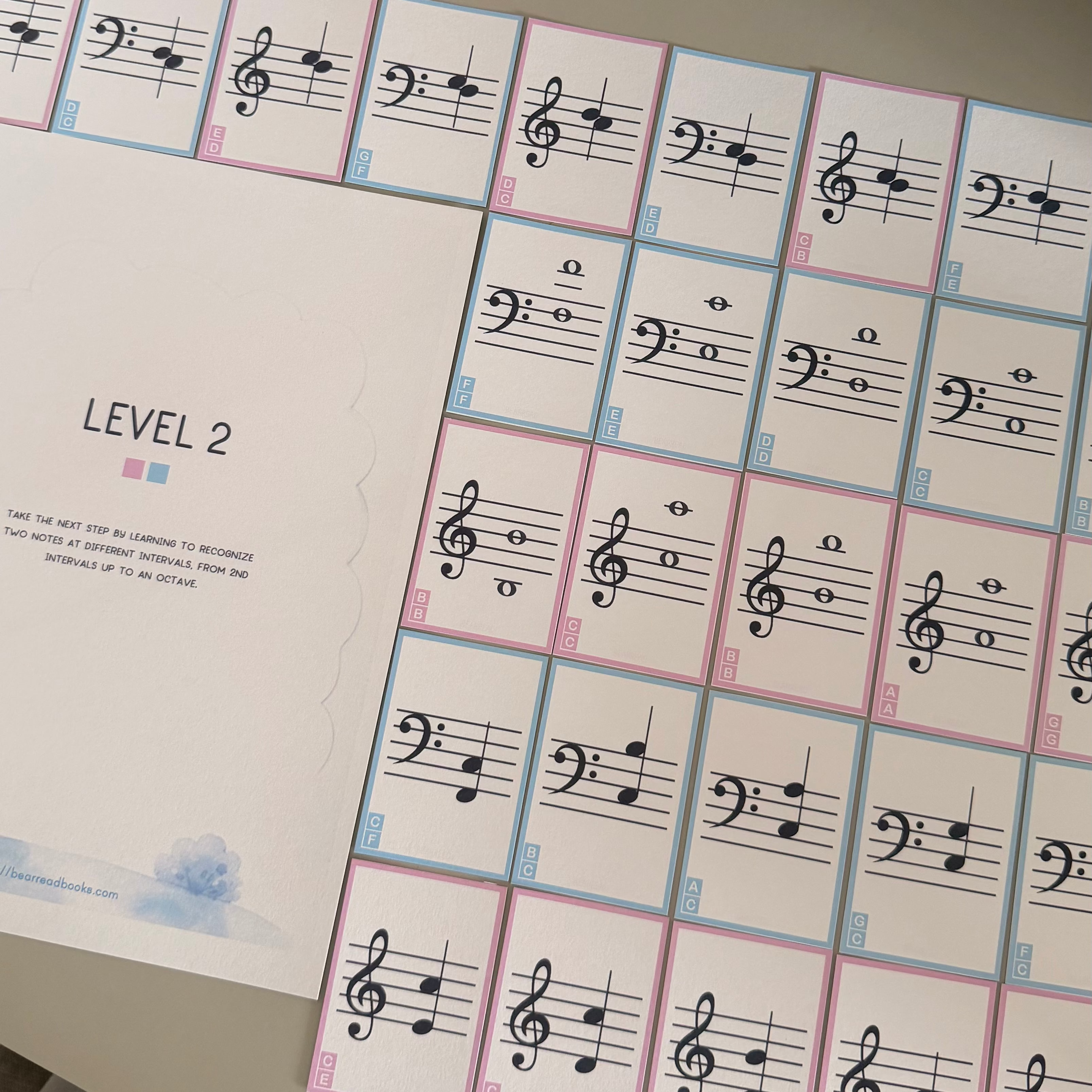 A set of music learning cards with musical notes and clefs. 