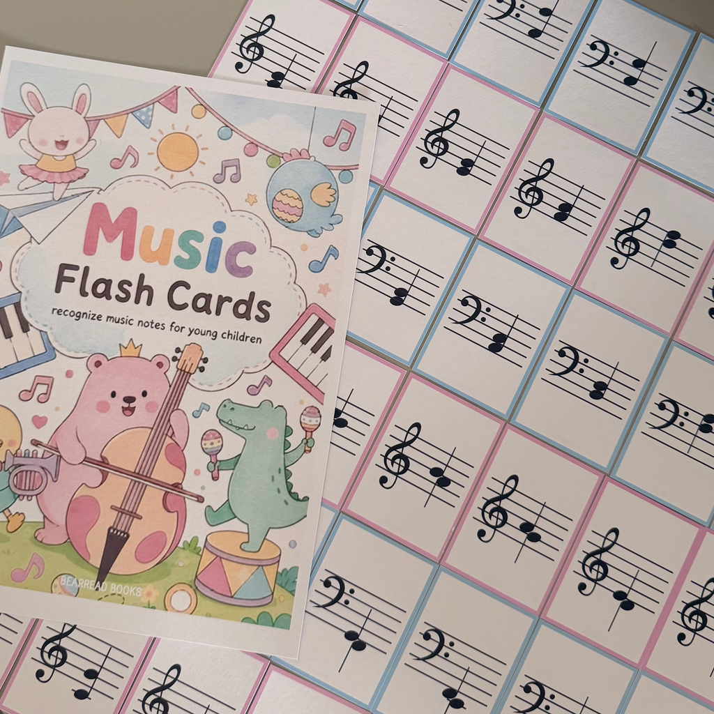 A children's music flash card set  featuring musical notes and clefs arranged beside it.