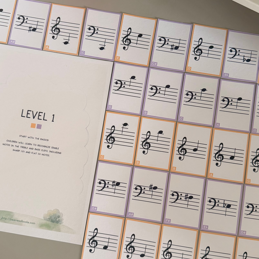 A music learning card, featuring printed sheet music staves and notes on individual cards.